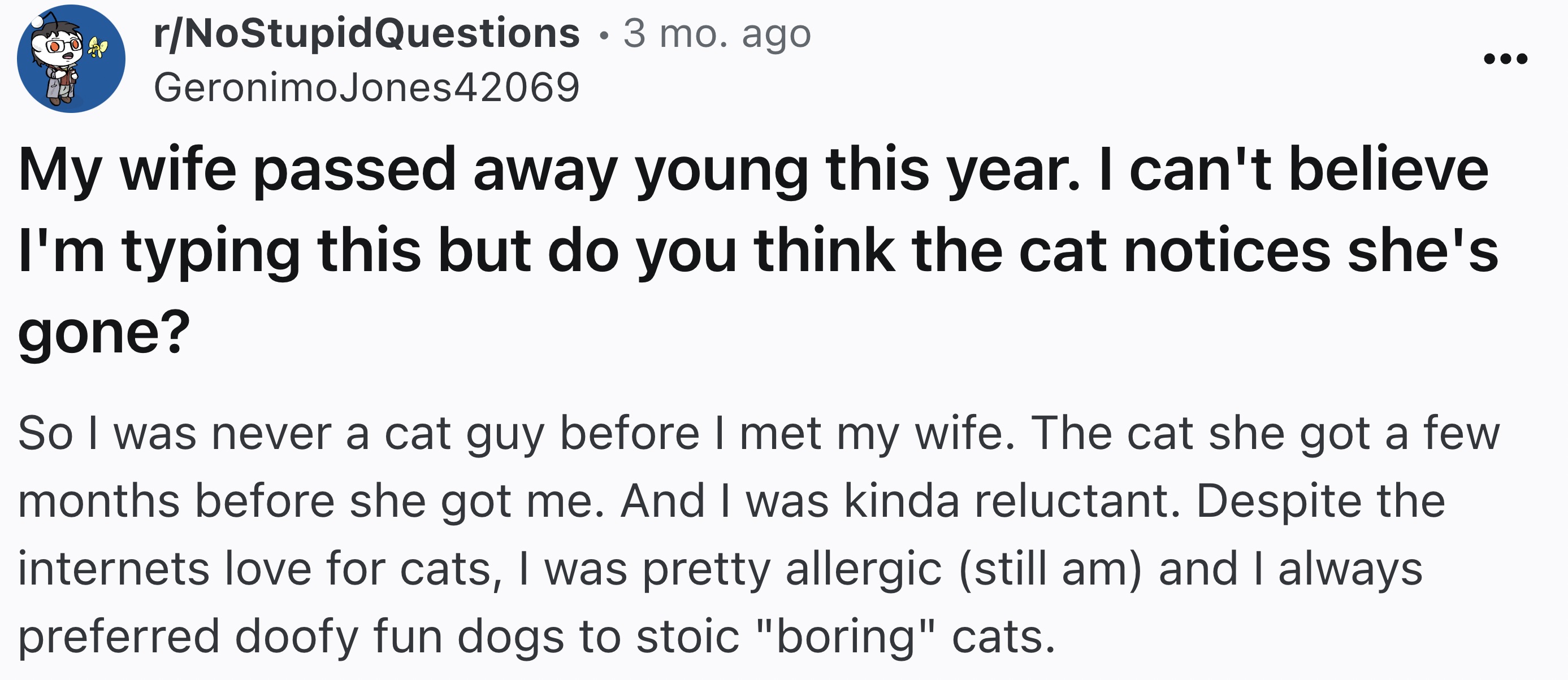 screenshot - rNoStupidQuestions 3 mo. ago GeronimoJones42069 My wife passed away young this year. I can't believe I'm typing this but do you think the cat notices she's gone? So I was never a cat guy before I met my wife. The cat she got a few months befo